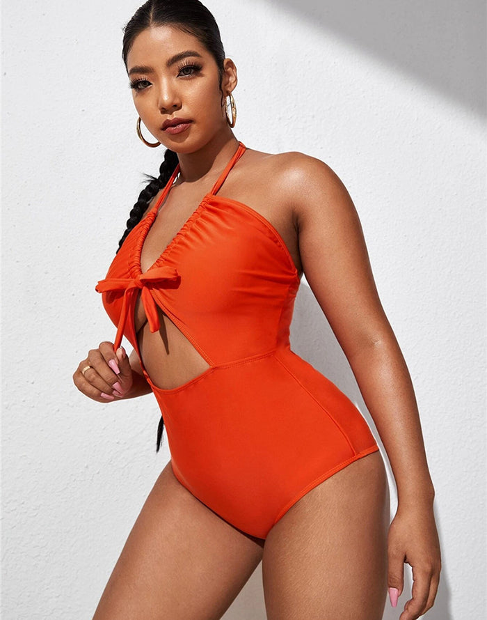 Emoswimsuit-Deep Orange V-Neck Halterneck Lace One Piece Swimsuit