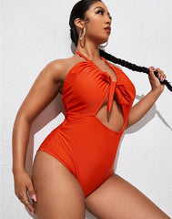 Emoswimsuit-Deep Orange V-Neck Halterneck Lace One Piece Swimsuit