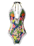 Emoswim - Womens One Piece Halter V-Neck Printing Lace Adjustable Back Straps Sexy Swimsuit
