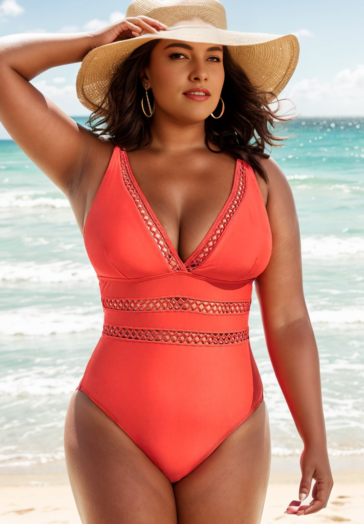 Emoswimsuit - Red Lattice Plunge One Piece Swimsuit