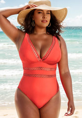 Emoswimsuit - Red Lattice Plunge One Piece Swimsuit