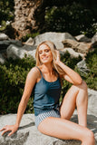 Emoswimsuit - Tie Front Blouson Swim Tankini In Navy Blue