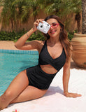 Emoswim - Womens One Piece Swimsuits Push Up Tummy Control Bathing Suits V Neck Cutout Modest Swimwear