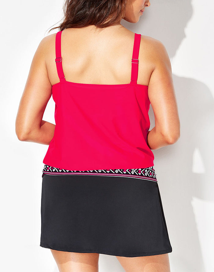 Emoswimsuit - Red Loop Strap Blouson Tankini With A-Line Swim Skirt