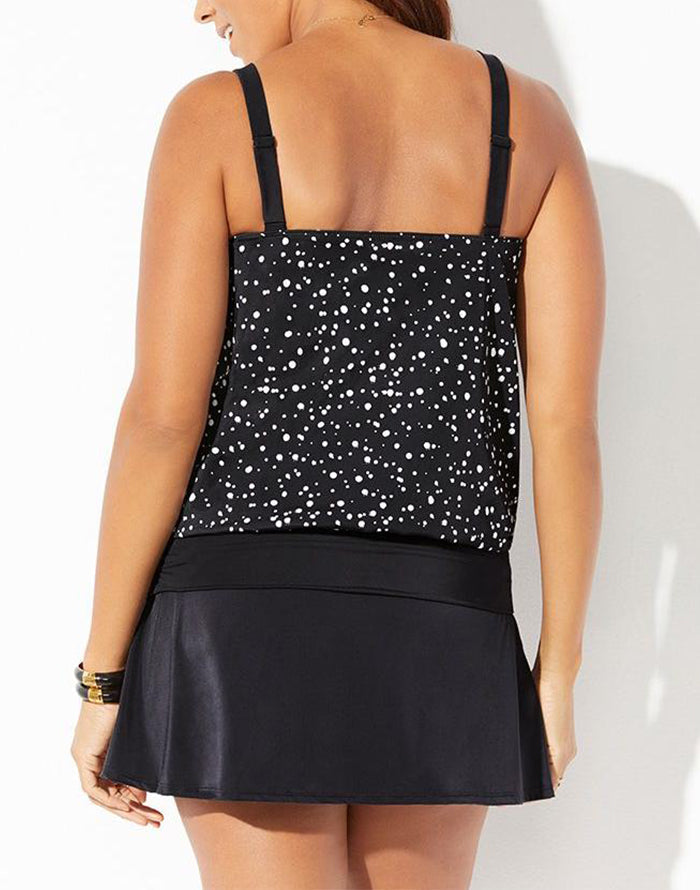 Emoswimsuit - Black White Dot Loop Strap Blouson Tankini With A-Line Swim Skirt