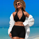 Emoswimsuit - Women's Bikini Sets Trim 2 Piece High Waisted Swimsuit Halter V Neck Adjustable Drawstring Straps Bathing Suit with Boyshort