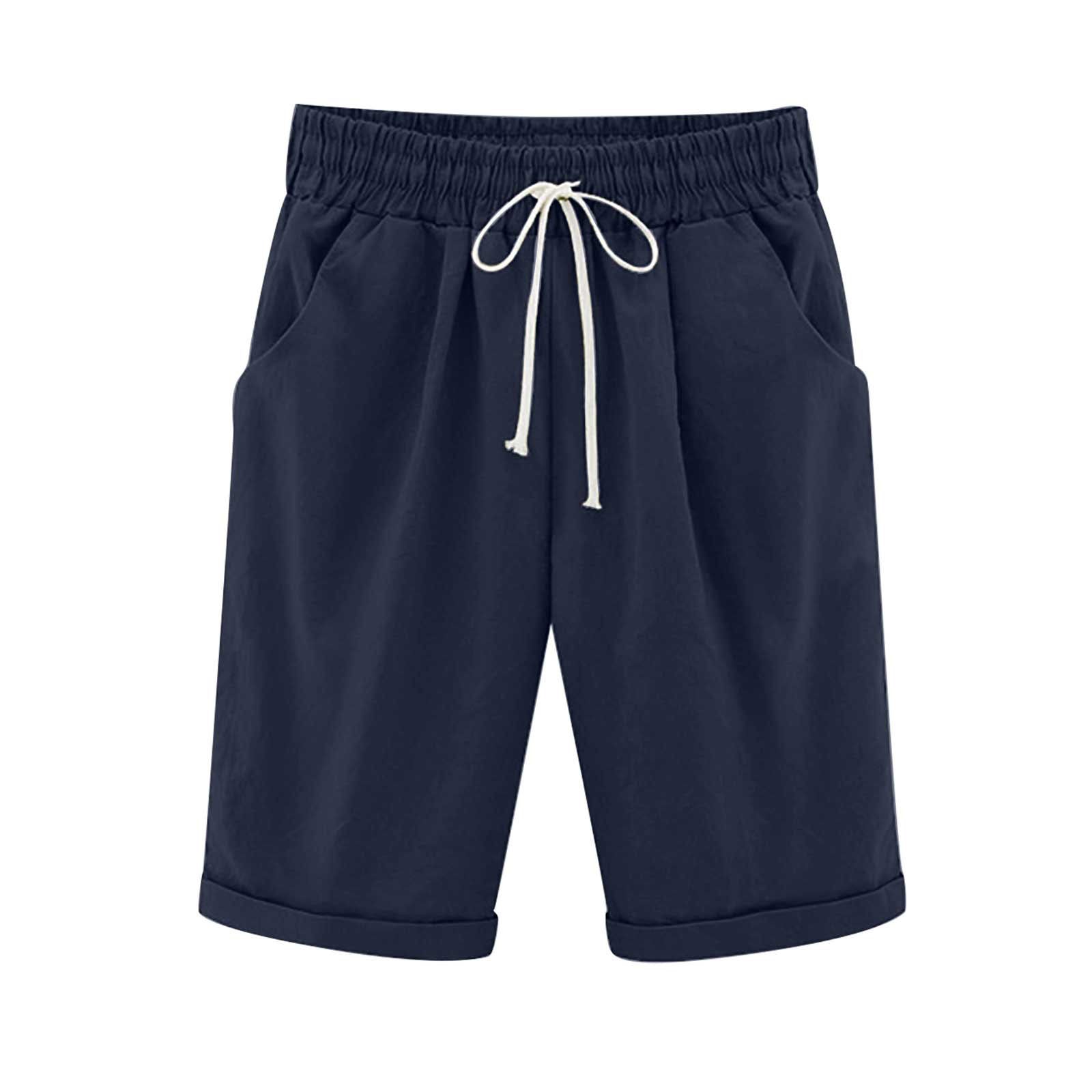 Emoswimsuit - Women's Elastic Waist Knee Length Casual Cotton Bermuda Shorts with Drawstring