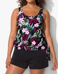 Emoswimsuit - Wine Pink Flower Side Tie Blouson Tankini with Cargo Swim Short