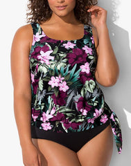 Emoswimsuit - Wine Pink Flower Side Tie Blouson Tankini Set