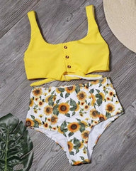 Emoswimsuit - Tie Front Leaf Print High Waist Bikini Set