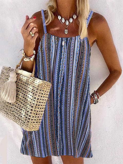 Emoswimsuit - Casual Multi color Striped Spaghetti Mini Dress
