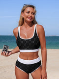 Emoswim - Womens High Waisted Bikini Sets Hollow Out Color Block Two Piece Sporty Scoop Neck Adjustable Straps Swimsuit