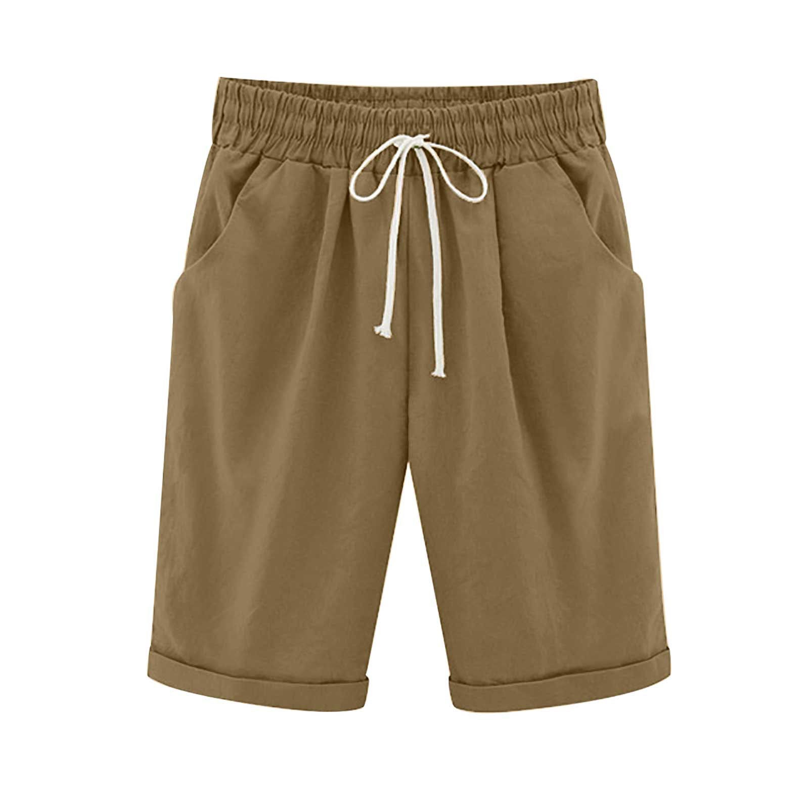 Emoswimsuit - Women's Elastic Waist Knee Length Casual Cotton Bermuda Shorts with Drawstring