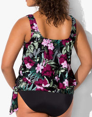 Emoswimsuit - Wine Pink Flower Side Tie Blouson Tankini Set