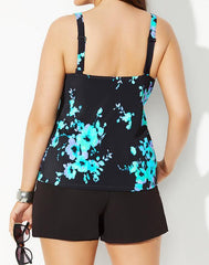 Emoswimsuit - Blue Poppies Flared Tankini with Cargo Swim Short