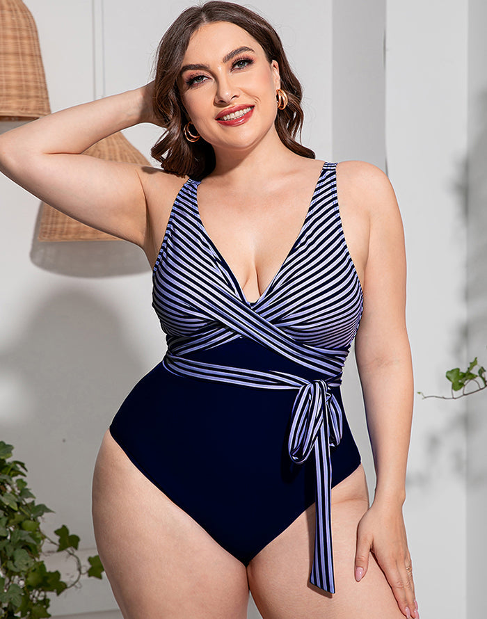 Solid Striped Plus Size One-Piece Swimsuit