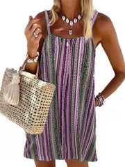 Emoswimsuit - Casual Multi color Striped Spaghetti Mini Dress