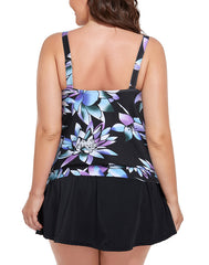 Emoswimsuit - Multicolored Lotus Strap Blouson Tankini With Skirt