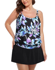 Emoswimsuit - Multicolored Lotus Strap Blouson Tankini With Skirt