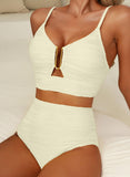 Emoswim - Summer Two Piece Bikini Set U-Wire Cutout High Waisted Swimsuit-Beige