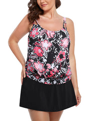 Emoswimsuit - Pink Floral Strap Blouson Tankini With Skirt