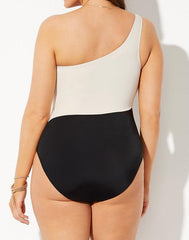 Emoswimsuit - Black Cream One Shoulder One Piece Swimsuit