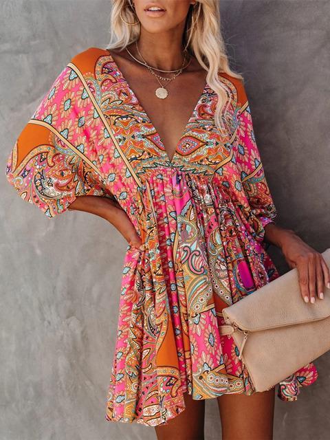 Emoswimsuit - V Neck Multi color Bohemian Pleated Dress