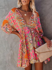 Emoswimsuit - V Neck Multi color Bohemian Pleated Dress