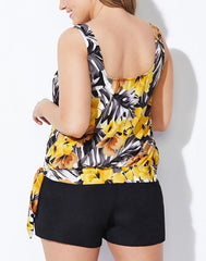 Emoswimsuit - Everlasting Floral Side Tie Blouson Tankini with Cargo Swim Short