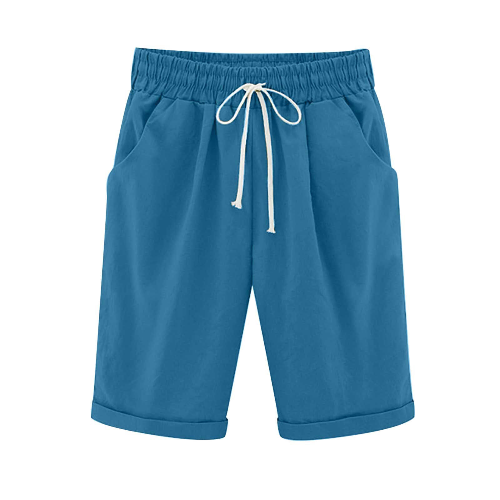 Emoswimsuit - Women's Elastic Waist Knee Length Casual Cotton Bermuda Shorts with Drawstring