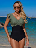 Emoswim - Women's Tummy Control Swimsuits Ruffle Sleeve One Piece Bathing Suit Wrap V Neck Swimwear