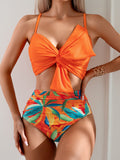 Emoswim - Womens Two Piece Bikini Set Twist Front Tie Knot Top High Waisted Tummy Control Tropical Swimsuit