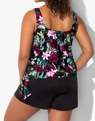 Emoswimsuit - Wine Pink Flower Side Tie Blouson Tankini with Cargo Swim Short