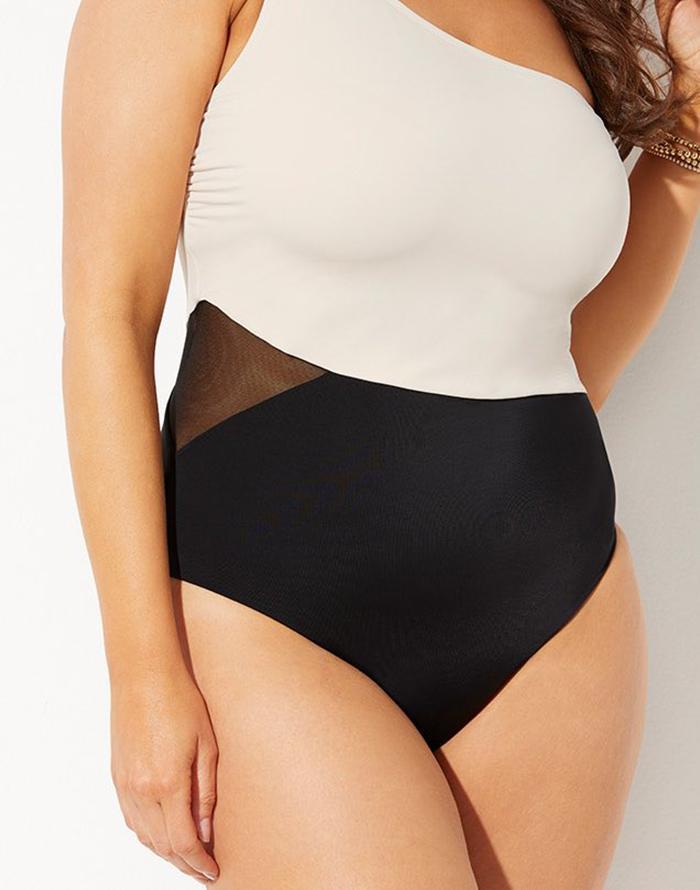 Emoswimsuit - Black Cream One Shoulder One Piece Swimsuit