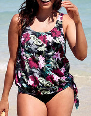 Emoswimsuit - Wine Pink Flower Side Tie Blouson Tankini Set