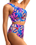 Emoswim - One Shoulder High Waisted Bikini Sets Two Piece Swimsuit Tummy Control-Colorful Leaves