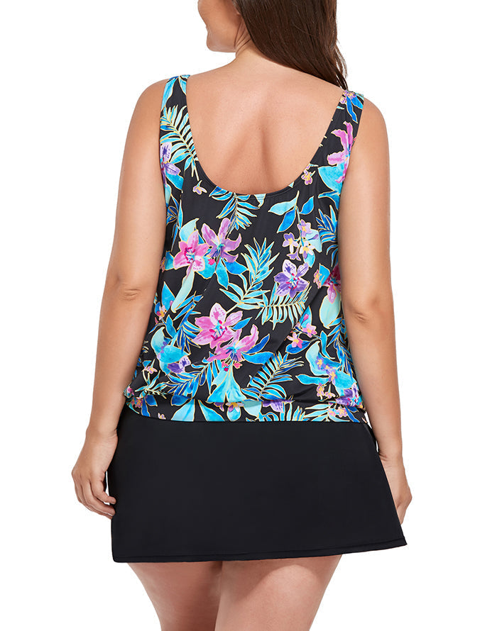 Emoswimsuit - Neon Tropical Side Tie Blouson Tankini With A-Line Swim Skirt