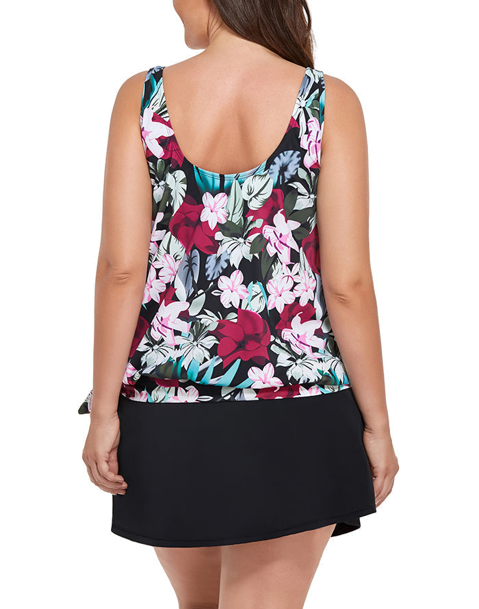 Emoswimsuit - Wine Pink Flower Side Tie Blouson Tankini With A-Line Swim Skirt