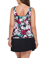 Emoswimsuit - Wine Pink Flower Side Tie Blouson Tankini With A-Line Swim Skirt