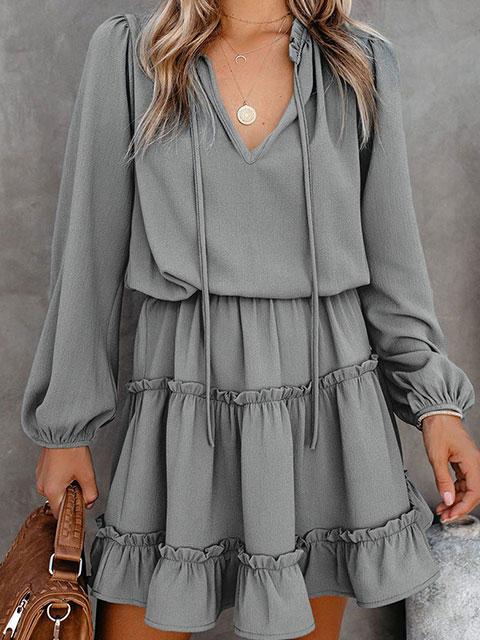 Emoswimsuit - Solid Color Puff Long Sleeve Mini Dress