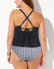 Emoswimsuit - Black&White Plaid Scarf X-Back Tankini Set