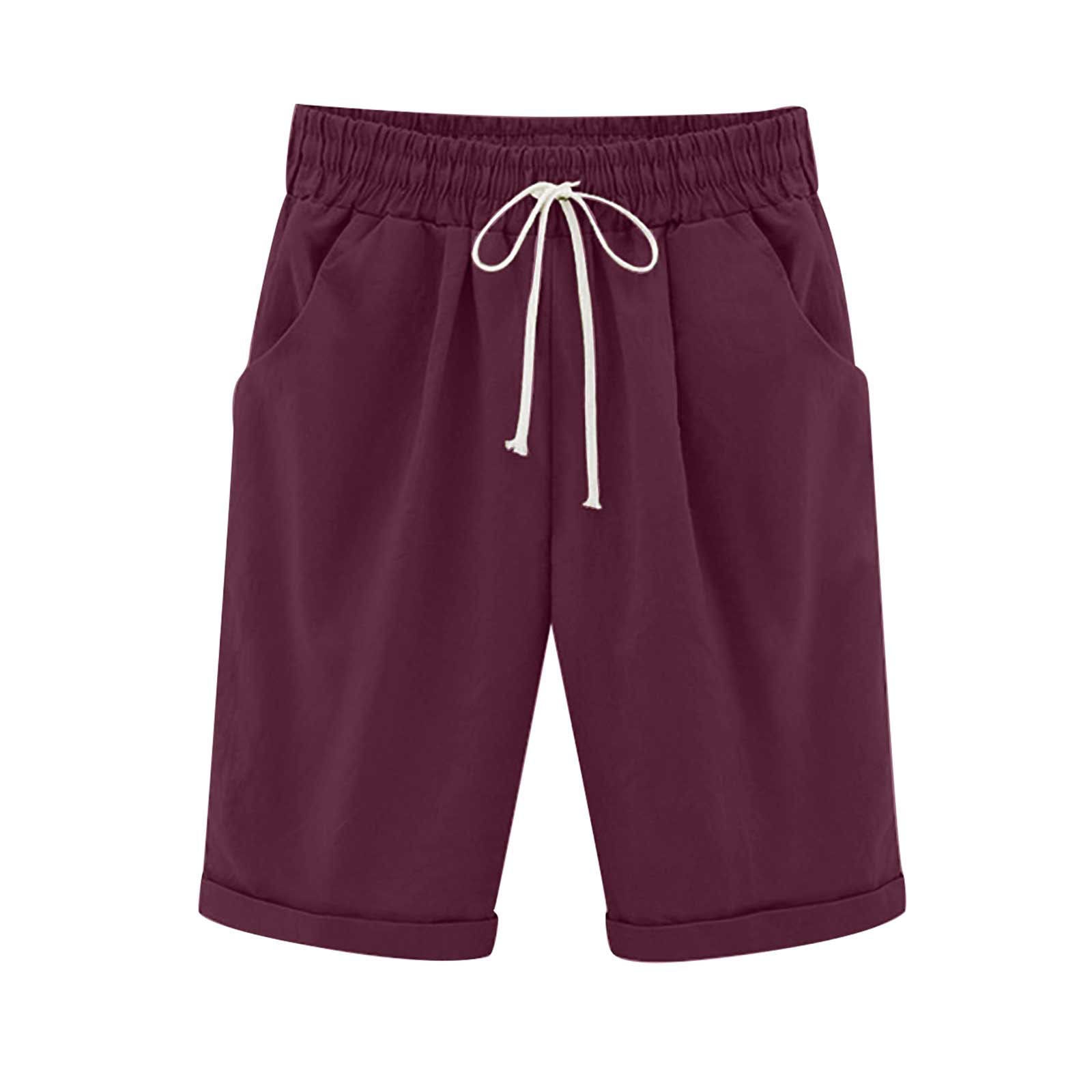 Emoswimsuit - Women's Elastic Waist Knee Length Casual Cotton Bermuda Shorts with Drawstring