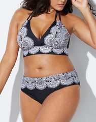 Emoswimsuit - Black White Lace Print V-Neck Halter Bikini Set