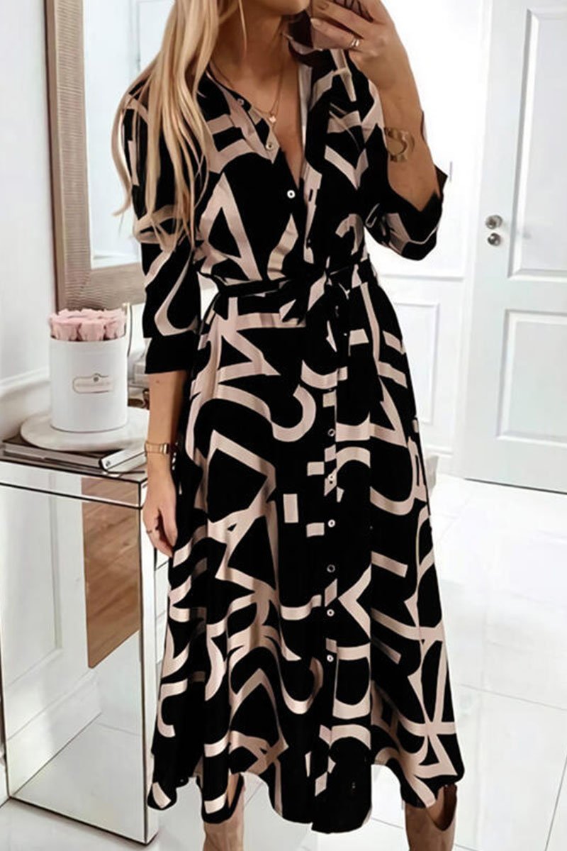 Emoswimsuit - Fashion Casual Print Split Joint Turn down Collar A Line Dresses
