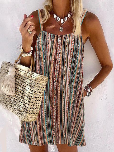 Emoswimsuit - Casual Multi color Striped Spaghetti Mini Dress