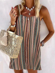 Emoswimsuit - Casual Multi color Striped Spaghetti Mini Dress