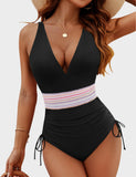 Emoswimsuit - Women Tummy Control Swimsuits One Piece Slimming Modest Bathing Suit Color Block Drawstring Swim Suits