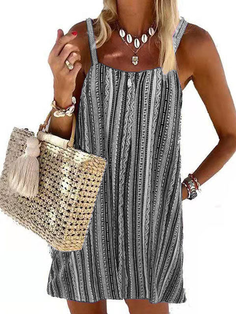 Emoswimsuit - Casual Multi color Striped Spaghetti Mini Dress