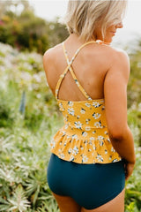 Emoswimsuit - Peplum Tankini Swim In Mustard Daisy