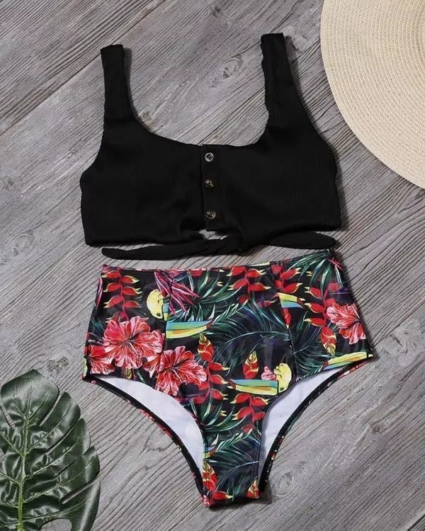 Emoswimsuit - Tie Front Leaf Print High Waist Bikini Set